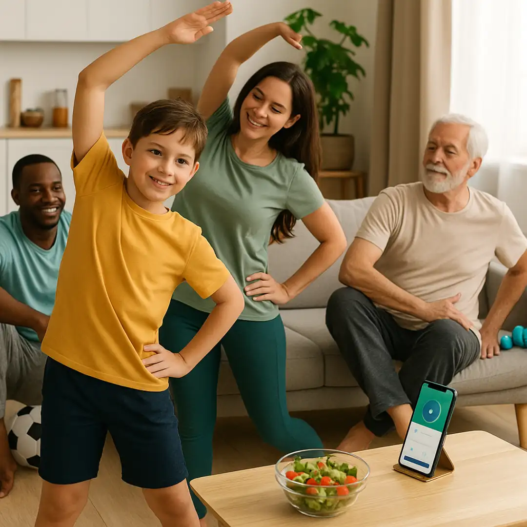 Família praticando hábitos saudáveis em casa