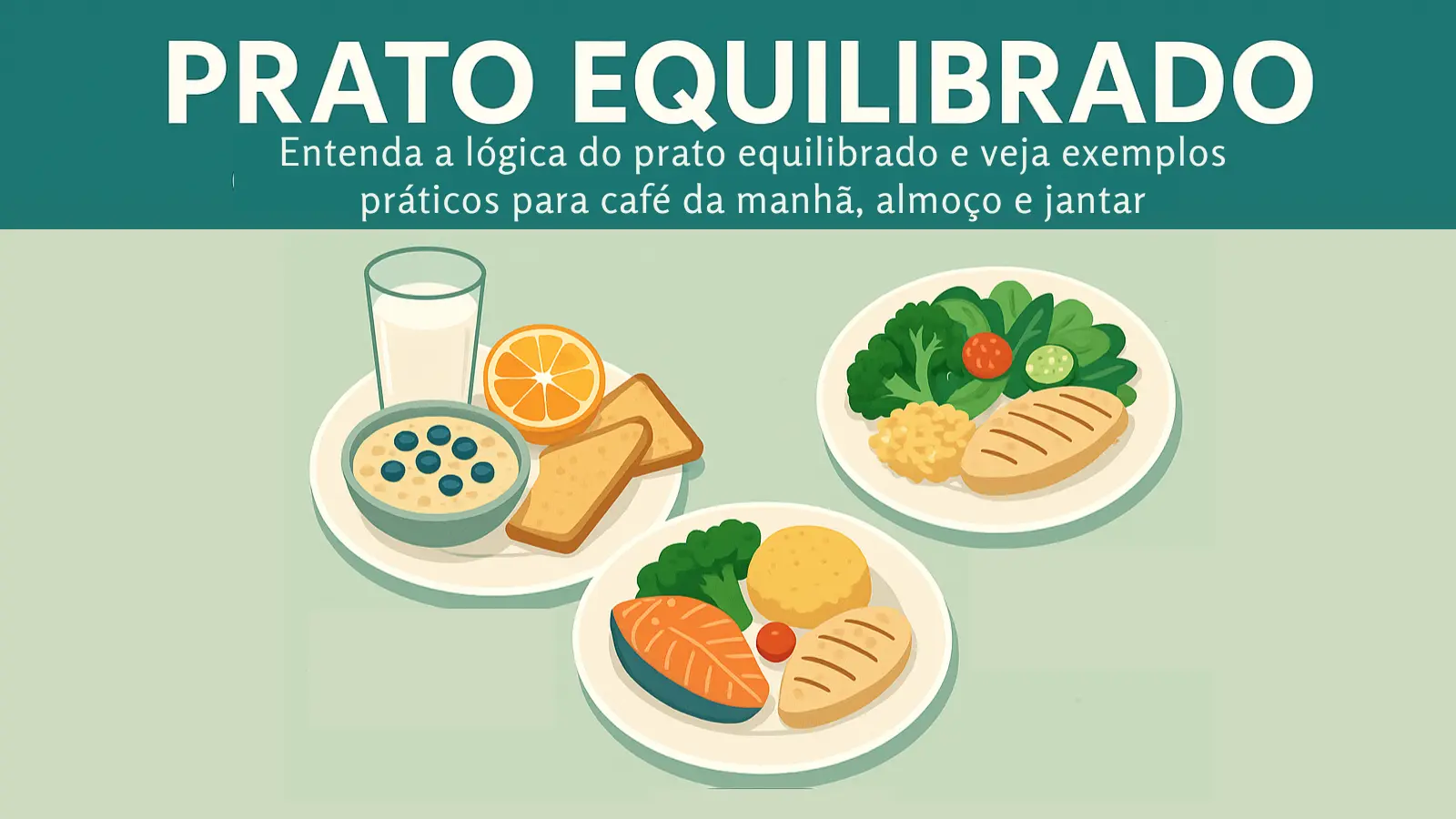 Ilustração de um prato equilibrado com legumes, proteínas e carboidratos saudáveis