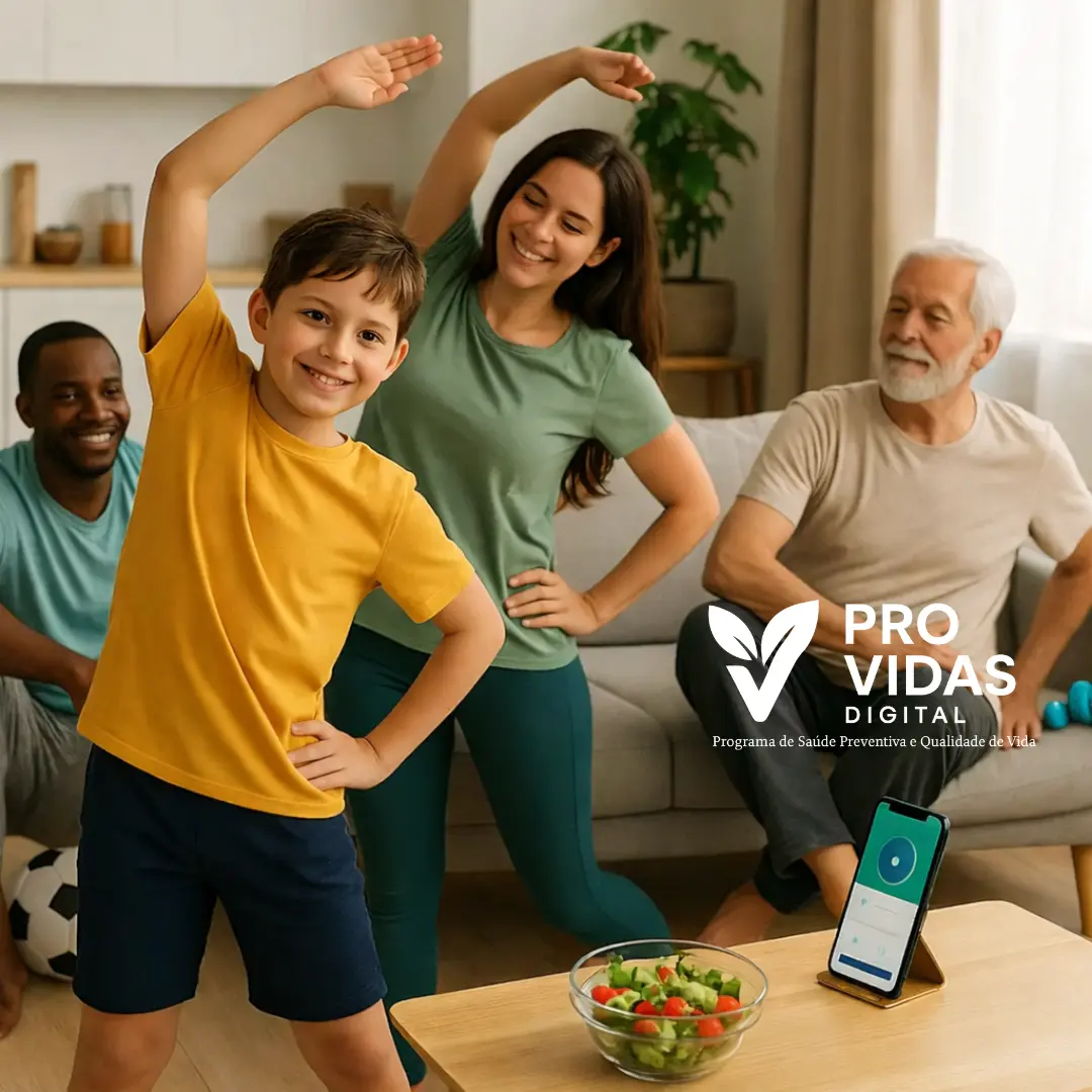 Família praticando hábitos saudáveis em casa